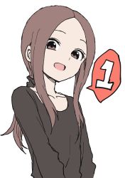 Rule 34 | 10s, 1girl, :d, absurdres, black shirt, brown eyes, brown hair, highres, karakai jouzu no takagi-san, long hair, long sleeves, looking at viewer, official art, aged up, open mouth, ponytail, shirt, simple background, smile, solo, speech bubble, spoken number, takagi-san, upper body, white background, yamamoto souichirou