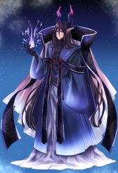 Rule 34 | 1boy, black gloves, black hair, blue background, blue cape, cape, closed mouth, collar, collared cape, elbow gloves, full body, gloves, haori, high collar, highres, horns, japanese clothes, kilaco, long hair, long sleeves, looking at viewer, magic, male focus, night, night sky, original, pink eyes, pointy ears, sky, smile, solo, sparkle, standing, wide sleeves