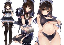 Rule 34 | 1girl, :q, all fours, bikini, bikini under clothes, black bikini, black eyes, black hair, black thighhighs, breasts, brown eyes, brown hair, cleavage, closed mouth, cowboy shot, curvy, gluteal fold, kou mashiro, large breasts, long hair, looking at viewer, maid, maid headdress, multiple views, navel, original, simple background, standing, swimsuit, thighhighs, tongue, tongue out, underboob, white background, wide hips, wrist cuffs
