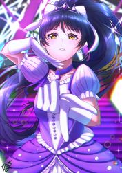 Rule 34 | 1girl, absurdres, birthday, black hair, breasts, bright09, collarbone, commentary, dress, earrings, gloves, hair ribbon, hazuki ren, high ponytail, highres, jewelry, long hair, looking at viewer, love live!, love live! superstar!!, nonfiction!! (love live!), ponytail, purple eyes, ribbon, signature, small breasts, solo, stairs, tiara, white gloves, yellow eyes