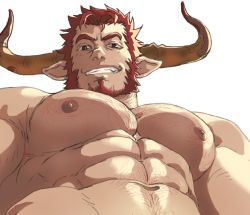 Rule 34 | 1boy, agielba, animal ears, bara, beard, blush, chest hair, close-up, dogandclover, draph, facial hair, from below, granblue fantasy, green eyes, horns, large pectorals, male focus, manly, muscular, nipples, pectorals, red hair, topless male, smile, solo, symbol-only commentary, upper body