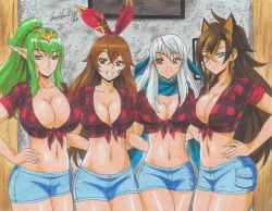Rule 34 | 2022, 4girls, absurdres, amber (genshin impact), animal ears, arms behind back, blue eyes, breasts, brown hair, cleavage, commission, crossover, dehya (genshin impact), denim, denim shorts, fire emblem, front-tie top, genshin impact, green eyes, green hair, grey hair, grin, hand on own hip, highres, large breasts, legs, looking at viewer, micaiah (fire emblem), midriff, multiple girls, navel, nintendo, ponytail, ravernclouk design, shorts, smile, thighs, tiki (fire emblem), traditional media, wolf ears