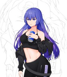 Rule 34 | 1girl, absurdres, bare shoulders, black jacket, black pants, blue eyes, blue hair, breasts, camisole, can, commentary request, cowboy shot, crop top, drink can, grin, halterneck, hand up, highres, holding, holding can, jacket, leggings, long hair, long sleeves, looking at viewer, medium breasts, midriff, moeey tienan, navel, off shoulder, original, pants, parted lips, pepsi, smile, soda can, solo, standing, stomach, very long hair, white background, zoom layer