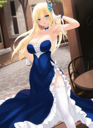 Rule 34 | 1girl, :o, armpits, bare shoulders, blonde hair, blue choker, blue dress, blue eyes, boku wa tomodachi ga sukunai, breasts, butterfly hair ornament, cait aron, choker, cleavage, dress, garter straps, hair ornament, hand on own hip, kashiwazaki sena, large breasts, long hair, looking at viewer, solo, standing, thighhighs, white thighhighs