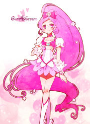 Rule 34 | 10s, 1girl, brooch, character name, cure blossom, hanasaki tsubomi, heart, heart brooch, heartcatch precure!, kagami chihiro, long hair, magical girl, pink eyes, pink hair, pink skirt, ponytail, precure, skirt, smile, solo, very long hair