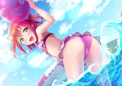 Rule 34 | 1girl, arm up, arms up, ass, b.ren, ball, bare arms, bare shoulders, beachball, bikini, bikini skirt, bird, blue sky, blush, bow print, breasts, cameltoe, cloud, flower, green eyes, hair flower, hair ornament, highres, holding, holding ball, in water, innertube, kurosawa ruby, looking at viewer, looking back, love live!, love live! sunshine!!, medium hair, open mouth, outdoors, pink bikini, pink flower, red hair, seagull, see-through, sky, sleeveless, small breasts, smile, solo, splashing, striped bikini, striped clothes, sunlight, swim ring, swimsuit, teeth, twintails, upper teeth only, wading, water, wet