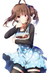 Rule 34 | 10s, 1girl, :q, ahoge, apron, black shirt, black thighhighs, blouse, blush, bowl, brown hair, chocolate, cowboy shot, food, food on face, hair ornament, hair scrunchie, highres, holding, holding bowl, idolmaster, idolmaster million live!, legs apart, long hair, long sleeves, looking to the side, mixing bowl, open mouth, polka dot, polka dot apron, ro risu, scrunchie, shirt, shorts, side ponytail, simple background, solo, thighhighs, tongue, tongue out, valentine, white background, yokoyama nao