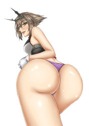 Rule 34 | 10s, 1girl, ass, bare shoulders, blush, breasts, brown hair, from behind, gloves, green eyes, headgear, huge ass, kantai collection, large breasts, leaning, leaning forward, looking at viewer, mutsu (kancolle), open mouth, shiny skin, short hair, sideboob, smile, solo, takatora, thong