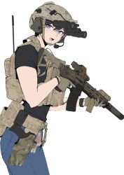 Rule 34 | 1girl, assault rifle, black hair, black shirt, blue eyes, blue pants, brown headwear, camouflage, cowboy shot, desert camouflage, digital camouflage, ear protection, glowstick, gun, handgun, helmet, highres, holding, holding gun, holding weapon, holstered, load bearing vest, looking at viewer, m4 carbine, military, mole, mole under mouth, night vision device, open mouth, original, pants, pen guin15, pouch, rifle, shirt, short hair, short sleeves, simple background, solo, tactical clothes, trigger discipline, weapon, white background