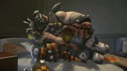 Rule 34 | 2boys, anal, animated, animated gif, bed, erection, fat, fat man, food, gloves, huge penis, junkrat (overwatch), leg lift, lying, male focus, male penetrated, mask, multiple boys, overwatch, overwatch 1, penis, pizza, roadhog (overwatch), sex, size difference, source filmmaker (medium), tattoo, yaoi