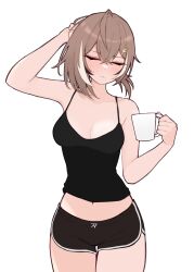 Rule 34 | 1girl, alternate costume, black camisole, blush, breasts, brown hair, camisole, closed eyes, closed mouth, commentary, cup, english commentary, gym shorts, hair between eyes, highres, hololive, hololive english, m r b, medium breasts, medium hair, multicolored hair, nanashi mumei, navel, shorts, simple background, solo, streaked hair, thighs, virtual youtuber, white background, yawning