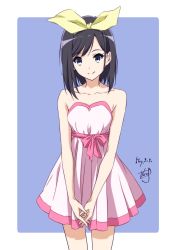 Rule 34 | 1girl, aqua eyes, black hair, bow, closed mouth, collarbone, dated, dress, frilled dress, frills, hair bow, highres, medium hair, nii manabu, original, outside border, own hands together, pink dress, signature, simple background, sleeveless, sleeveless dress, smile, solo, split mouth, strapless, strapless dress, yellow bow