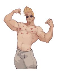 Rule 34 | 1boy, abs, alternate body hair, alternate facial hair, arm hair, armpit hair, armpits, bara, biceps, blonde hair, chest hair, cropped legs, double biceps pose, enri (ceinordraws), facial hair, facing viewer, flaccid, flexing, foreskin, goatee, highres, johnny bravo, johnny bravo (series), large pectorals, lipstick mark, male focus, mature male, muscular, muscular male, navel, nipples, pectorals, pompadour, pubic hair, short hair, solo, sparse navel hair, sunglasses, tan, tanline, thick thighs, thighs, topless male