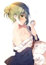 Rule 34 | 1girl, bad id, bad pixiv id, bare shoulders, blush, breasts, choko (cup), cleavage, closed mouth, collarbone, commentary request, cup, fingernails, green eyes, green hair, hair between eyes, hair bun, hand up, haori, highres, holding, holding cup, idolmaster, idolmaster cinderella girls, japanese clothes, kimono, long sleeves, looking at viewer, looking to the side, mafuyu (chibi21), medium breasts, obi, off shoulder, profile, sash, side bun, sidelocks, single hair bun, single side bun, sitting, smile, solo, takagaki kaede, white background, white kimono, wide sleeves