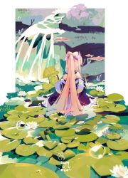Rule 34 | 1girl, artist name, back bow, bare shoulders, blue hair, blue shirt, border, bow, bow-shaped hair, bubble, colored tips, commentary, english commentary, flower, from behind, genshin impact, hair ornament, highres, lily pad, long hair, long sleeves, lotus, multicolored hair, nature, off-shoulder shirt, off shoulder, outdoors, outside border, pink hair, ponytail, sangonomiya kokomi, scenery, shirt, signature, solo, sugahri, wading, water, waterfall, white border, white bow, wide shot