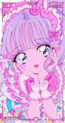 Rule 34 | 1girl, battery indicator, blush, bow, character name, commentary request, frills, hairband, hands on own cheeks, hands on own face, hands up, highres, lolita fashion, lolita hairband, long hair, looking at viewer, manaka non, milon cas, open mouth, pink bow, pretty series, pripara, purple eyes, purple hair, recording, retro artstyle, smile, solo, sweet lolita, upper body, viewfinder, wrist cuffs