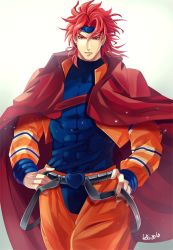 Rule 34 | 1boy, abs, bad id, bad tumblr id, cape, dated, dio brando, earrings, felicia-val, hands on own hips, headband, jewelry, jojo no kimyou na bouken, male focus, muscular, red eyes, red hair, signature, smile, solo