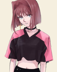 Rule 34 | 1girl, arms at sides, blue eyes, breasts, brown hair, casual, choker, earrings, jewelry, lirico, mazaki anzu, shirt, short hair, short sleeves, simple background, solo, standing, yu-gi-oh!, yu-gi-oh! duel monsters