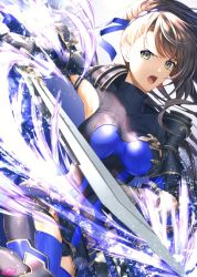 Rule 34 | 1girl, armor, asymmetrical bangs, beatrix (granblue fantasy), breasts, brown hair, commentary request, gloves, granblue fantasy, green eyes, holding, holding sword, holding weapon, large breasts, long hair, matsuki tou, open mouth, ponytail, shoulder armor, skin tight, sword, weapon