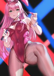 Rule 34 | 1girl, animal ears, armband, blush, bow, bowtie, breasts, commentary request, covered navel, cowboy shot, darling in the franxx, detached collar, fake animal ears, fishnet pantyhose, fishnets, from below, gluteal fold, groin, highres, holding, holding riding crop, horns, leotard, long hair, looking at viewer, looking down, medium breasts, multicolored background, pantyhose, pink hair, playboy bunny, rabbit ears, red leotard, riding crop, solar (happymonk), solo, straight hair, thighs, tongue, tongue out, wrist cuffs, zero two (darling in the franxx)