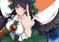 Rule 34 | 1girl, absurdres, arm cannon, bird wings, black hair, black wings, blouse, bow, breasts, brown eyes, cape, center frills, closed mouth, collared shirt, commentary, control rod, cowboy shot, frilled skirt, frills, green bow, green skirt, hair bow, highres, large breasts, long hair, looking at viewer, pointing, pointing up, puffy short sleeves, puffy sleeves, reiuji utsuho, shirt, short sleeves, skirt, smile, solo, starry sky print, takuman135, third eye, touhou, weapon, white cape, white shirt, wings