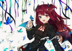 Rule 34 | 1girl, :d, ahoge, black capelet, black dress, blue eyes, blue ribbon, blurry, blurry background, blush, bow, breasts, bug, butterfly, capelet, cleavage, commentary request, cowboy shot, crescent, crescent hair ornament, daimaou ruaeru, demon horns, demon wings, dress, fang, frilled capelet, frilled sleeves, frills, green ribbon, grey background, hair ornament, hand up, highres, horns, insect, long hair, long sleeves, looking at viewer, neck ribbon, nijisanji, open mouth, purple ribbon, red bow, red eyes, red hair, red ribbon, ribbon, small breasts, smile, solo, sparkle, two side up, virtual youtuber, wings, yuzuki roa