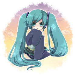 Rule 34 | 1girl, :&lt;, detached sleeves, female focus, full body, green eyes, green hair, hatsune miku, long hair, matching hair/eyes, outdoors, sky, sleeves past wrists, solo, thighhighs, twintails, very long hair, vocaloid, yuh