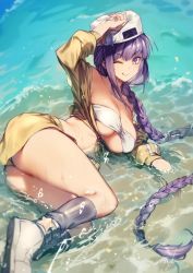 Rule 34 | 1girl, bandeau, bb (fate), bb (fate) (all), bb (swimsuit mooncancer) (fate), bb (swimsuit mooncancer) (first ascension) (fate), black legwear, braid, breasts, cleavage, closed mouth, collarbone, crop top, day, eyes visible through hair, fate/grand order, fate (series), genyaky, hat, holding, holding clothes, holding hat, large breasts, licking lips, long braid, long hair, looking at viewer, lying, midriff, ocean, on side, one eye closed, outdoors, partially submerged, purple eyes, purple hair, sarong, shirt, single braid, smile, tongue, tongue out, underboob, very long hair, water, waves, white footwear, yellow sarong, yellow shirt