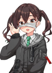 Rule 34 | 1girl, absurdres, brown eyes, brown hair, collared shirt, commentary request, diagonal-striped neckwear, green necktie, grey jacket, hair between eyes, highres, idolmaster, idolmaster cinderella girls, idolmaster cinderella girls starlight stage, ivan wang, jacket, lifted by self, long hair, mask, mole, mole under eye, mouth mask, necktie, open mouth, sharp teeth, shirt, simple background, solo, striped necktie, striped neckwear, sunazuka akira, surgical mask, teeth, twintails, upper body, white background, white shirt