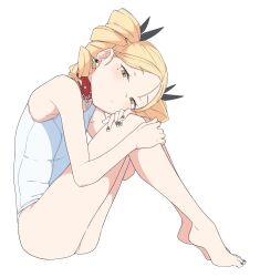 Rule 34 | 1girl, absurdres, black nails, blonde hair, blush, bow, collar, commentary request, drill hair, earrings, flat chest, full body, hair bow, highres, jewelry, looking at viewer, mole, mole under eye, one-piece swimsuit, original, red collar, simple background, stud earrings, swimsuit, twin drills, white background, white one-piece swimsuit, yellow eyes, zettai yarumoni