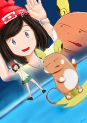 Rule 34 | 1girl, :d, alolan form, alolan raichu, artist name, bag, beanie, black footwear, black hair, blue background, blue eyes, blush, bob cut, bracelet, close-up, collarbone, commentary request, creatures (company), dutch angle, floating, game freak, gen 7 pokemon, green shorts, handbag, hat, highres, jewelry, levitation, looking at another, looking back, nintendo, open mouth, parted bangs, pikamura, poke ball theme, pokemon, pokemon (creature), pokemon sm, post, red hat, selene (pokemon), shirt, shoes, short hair, short sleeves, shorts, smile, standing, standing on one leg, sweat, text focus, tied shirt, translated, yellow shirt, z-move, z-ring
