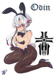 Rule 34 | 1girl, absurdres, animal ears, azur lane, black bow, black bowtie, black leotard, black pantyhose, blue eyes, bow, bowtie, braid, breasts, character name, cleavage, crown braid, detached collar, fishnet pantyhose, fishnets, hair over one eye, highres, iron blood (emblem), large breasts, leotard, long hair, looking at viewer, multicolored hair, odin (azur lane), pantyhose, playboy bunny, rabbit ears, rabbit tail, red hair, signature, silver hair, simple background, solo, streaked hair, tail, tsukinoha mio, white background, wrist cuffs