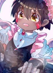 Rule 34 | 1boy, alternate costume, amin (310732), apron, blush, brown eyes, brown hair, child, crossdressing, dark-skinned male, dark skin, enmaided, facial mark, fake horns, feminization, hair between eyes, hair ornament, headband, highres, horns, made in abyss, maid, maid apron, maid headdress, male focus, mechanical arms, mechanical hands, multicolored clothes, no ribbon, open mouth, pink headband, pointy ears, red button, regu (made in abyss), robot, shirt, simple background, solo, two-tone eyes, unconventional maid, v-shaped eyebrows, white background, white shirt, yellow eyes