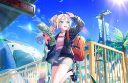 Rule 34 | 1girl, arm up, backpack, bag, black footwear, black jacket, black shorts, blonde hair, blue eyes, blue hair, blue sky, checkered clothes, checkered shorts, collarbone, cropped sweater, fang, flower, game cg, gradient hair, hair flower, hair ornament, high-waist shorts, highres, holding, holding map, holding phone, jacket, jewelry, lamppost, leather, leather jacket, leg up, lens flare, lens flare abuse, light blue hair, link! like! love live!, long hair, looking to the side, love live!, map, multicolored hair, necklace, official art, open clothes, open jacket, open mouth, orange bag, osawa rurino, palm tree, parted bangs, phone, pink flower, pink sweater, ribbed sweater, shoes, short shorts, shorts, sky, solo, sun, sweater, third-party source, train, tree, twintails, virtual youtuber, white flower, white shorts, wind, zipper