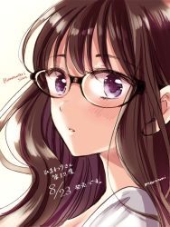 Rule 34 | 1girl, black-framed eyewear, blush, brown hair, character name, commentary request, copyright name, dated, from side, glasses, himawari-san, himawari-san (character), long hair, looking at viewer, looking to the side, parted lips, portrait, purple eyes, signature, simple background, solo, sugano manami, translation request, white background