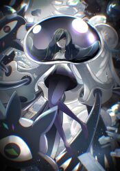Rule 34 | 1girl, black hair, blonde hair, blurry, chromatic aberration, commentary request, creatures (company), dress, eyelashes, fusion, game freak, gen 7 pokemon, highres, looking down, lusamine (pokemon), multicolored hair, nihilego, nintendo, no shoes, pantyhose, parted lips, pokemon, pokemon (creature), pokemon sm, purple pantyhose, sleeveless, sleeveless dress, smile, ssn (sasa8u9r), streaked hair, two-tone hair, ultra beast, white dress, yellow eyes