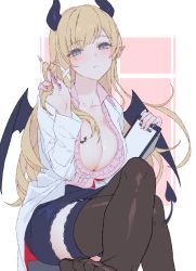 Rule 34 | 1girl, blonde hair, blouse, blush, breasts, cleavage, clipboard, collarbone, commentary, cowboy shot, demon girl, demon horns, demon tail, demon wings, garter straps, green eyes, holding, holding clipboard, holding pen, hololive, horns, izumi sai, lab coat, large breasts, long hair, looking at viewer, miniskirt, no shoes, parted lips, pen, pencil skirt, pink background, pink shirt, pointy ears, shirt, simple background, sitting, skirt, solo, tail, thighhighs, toes, virtual youtuber, wings, yuzuki choco, yuzuki choco (1st costume), zettai ryouiki