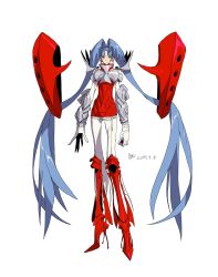 Rule 34 | 1girl, armor, blue hair, breastplate, closed mouth, dated, earrings, floating, gloves, high heels, highres, jewelry, long arms, long fingers, long hair, naji yanagida, original, red footwear, signature, simple background, solo, twintails, vambraces, very long hair, white background, white gloves, yellow eyes