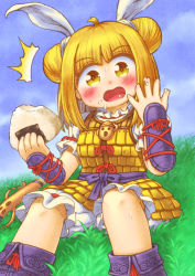 Rule 34 | 1girl, ^^^, armor, blonde hair, blush, commentary request, day, double bun, food, food on face, grass, hakuyou ( hakuyou), haniwa (statue), highres, japanese armor, joutouguu mayumi, looking at viewer, onigiri, outdoors, rice, rice on face, sitting, sky, solo, touhou, wily beast and weakest creature, yellow eyes