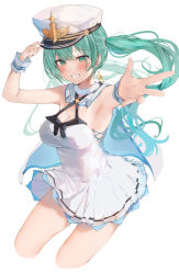 Rule 34 | 1girl, armpits, auui, bare shoulders, blush, breasts, cape, cleavage, commentary request, cropped legs, dress, earrings, foreshortening, green eyes, green hair, grin, hat, hatsune miku, highres, jewelry, long hair, looking at viewer, medium breasts, outstretched arm, peaked cap, reaching, reaching towards viewer, simple background, smile, solo, twintails, very long hair, vocaloid, white background, white cape, white dress, white hat, wrist cuffs