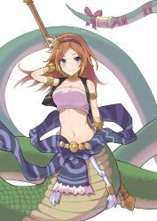 Rule 34 | 1girl, absurdres, blonde hair, blue eyes, breasts, cleavage, echidna (p&amp;d), highres, lamia, long hair, midriff, monster girl, naga (p&amp;d), navel, puzzle &amp; dragons, red hair, small breasts, smile, solo, staff (weapon)