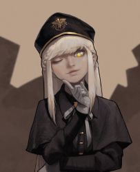 Rule 34 | 1girl, black capelet, black hat, blonde hair, braid, bright pupils, capelet, closed mouth, gloves, gogalking, hat, head tilt, highres, long sleeves, looking at viewer, military hat, smile, solo, uniform girl (gogalking), upper body, white gloves, white pupils, yellow eyes