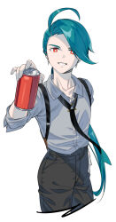 Rule 34 | 1girl, absurdres, ahoge, black necktie, black pants, bright pupils, can, collared shirt, commentary request, cowboy shot, creatures (company), earrings, game freak, gcckg, green hair, grey shirt, grin, hand on own hip, hand up, highres, holding, holding can, incoming drink, jewelry, long hair, looking at viewer, necktie, nintendo, pants, pokemon, pokemon sv, ponytail, red eyes, rika (pokemon), shirt, smile, solo, suspenders, teeth, white background, white pupils
