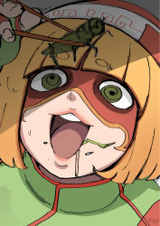 Rule 34 | 1girl, 2020, @ @, arms (game), artist name, bad id, bad pixiv id, beanie, blonde hair, blunt bangs, bob cut, bug, censored, censored food, chinese clothes, chopsticks, crazy eyes, dated, eating, fingernails, grasshopper, green eyes, hat, highres, holding, holding chopsticks, insect, kansard depravity, mandarin collar, min min (arms), mosaic censoring, multicolored clothes, multicolored hat, open mouth, orange hat, portrait, print headwear, saliva, shaded face, signature, solo, teeth, upper teeth only