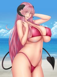 Rule 34 | 1girl, arm behind head, baru (val-val), beach, bikini, breasts, cloud, demon girl, demon tail, female focus, goat horns, highres, horns, huge breasts, lips, long hair, looking at viewer, makeup, matching hair/eyes, may (baru), mole, mole under mouth, nail polish, navel, ocean, original, pink eyes, pink hair, pixiv succubus, pointy ears, sand, smile, solo, standing, demon girl, swimsuit, tail, white background