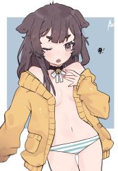 Rule 34 | 1girl, absurdres, animal ears, bell, blush, breasts, brown eyes, brown hair, choker, dog ears, dog girl, highres, inukai purin, long hair, looking at viewer, lucabassiart, navel, no bra, one eye closed, open sweater, panties, solo, striped clothes, striped panties, sweater, thigh gap, tsunderia, underwear, virtual youtuber, wink, yellow sweater