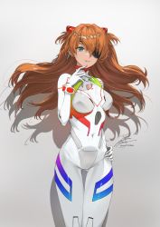 Rule 34 | 1girl, blue eyes, breasts, covered navel, evangelion: 3.0+1.0 thrice upon a time, eyepatch, fadingz, gradient background, grey background, hand on own hip, highres, long hair, looking at viewer, medium breasts, neon genesis evangelion, orange hair, parted lips, pixiv id, plugsuit, rebuild of evangelion, shadow, signature, solo, souryuu asuka langley, thigh gap