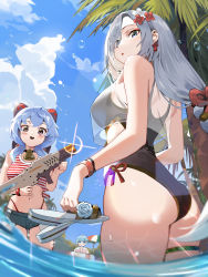 Rule 34 | 1boy, 2girls, absurdres, ass, ass focus, aunt and nephew, bare arms, black one-piece swimsuit, blue eyes, blue hair, blue shorts, blue sky, blush, breasts, chongyun (genshin impact), cloud, cpu, crop top, day, earrings, flower, from behind, from below, ganyu (genshin impact), genshin impact, gun, hair flower, hair ornament, hair over one eye, highleg, highres, holding, holding gun, holding weapon, horns, jewelry, kawa683, long hair, looking at viewer, looking back, looking down, medium breasts, micro shorts, multiple girls, one-piece swimsuit, outdoors, palm tree, panty straps, parted lips, purple eyes, red flower, sandals, see-through, shenhe (genshin impact), shirt, shorts, silver hair, sky, smile, standing, striped clothes, striped shirt, swimsuit, tassel, tassel earrings, thigh strap, thighs, tree, unworn sandals, very long hair, wading, water, weapon, wet, white flower