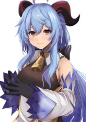 Rule 34 | 1girl, ahoge, bare shoulders, bell, blue hair, blush, bow, breasts, brown eyes, cowbell, detached sleeves, ganyu (genshin impact), genshin impact, goat horns, hair bow, highres, horns, kanzaki kureha, long hair, long sleeves, looking at viewer, low ponytail, medium breasts, neck bell, smile, solo, upper body, white background