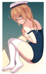 Rule 34 | 10s, 1girl, blonde hair, breasts, covering privates, covering breasts, full body, glasses, green eyes, hat, highres, i-8 (kancolle), kantai collection, long hair, long legs, looking at viewer, looking back, nian (zhanian), sideboob, smile, solo, swimsuit, thighhighs, twintails
